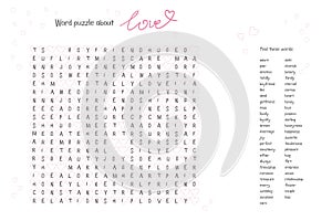 Valentine's day word puzzle crossword - find the listed words about love