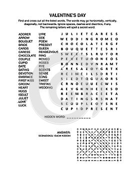 Valentine`s Day word search puzzle