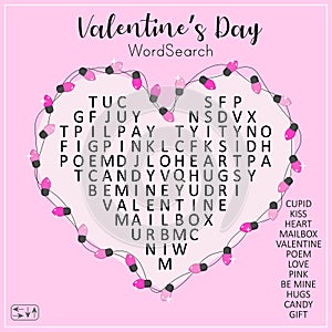 Valentine`s Day word search puzzle with heart. Suitable for social media post.