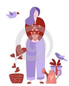 Valentine's day young girl holds a love plant near dove and watering can. Vector illustration for february 14 gift card