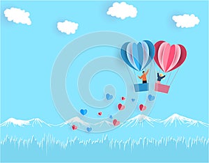 Valentine s Day. A young joyful couple flies in balloons over the scenery. illustration