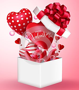 Valentine`s gift vector concept design. Valentine`s day surprise gift box with happy valentine`s day greeting text in 3d realistic