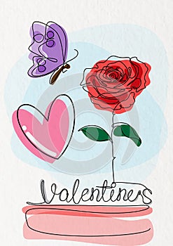 Valentine`s greeting card with red rose flower, pink heart and butterfly in one line drawing style