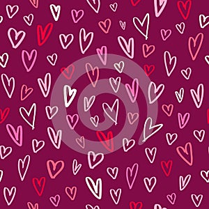 Valentine`s hand-drawn hearts burgundy pattern