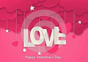 Valentine`s of paper art design, contain pink hearts stars are holding by string on cloud