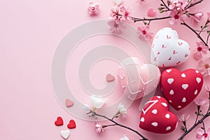 Valentine\'s romantic wallpaper with fluffy hearts and cherry blossom branch. AI generated illustration.