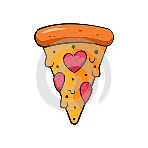 Valentine's slice of pizza with heart-shaped pepperoni. Cartoon