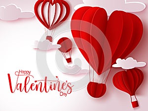 Valentine`s vector background design. Happy valentine`s day text with red heart shape hot air balloon and clouds paper cut element
