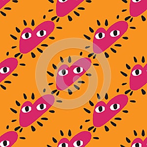 Valentine seamless pattern with cute pink heart characters print. Orange bright background. Doodle style