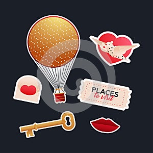 Valentine Sticker Pack. Old-Fashioned Aerostat Balloon, Envelop, Pigeon, Key, Ticket, Red Lips. Social Media Ads.