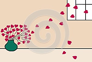 Valentine Still Life Background With Bouquet Of Red Hearts In Vase