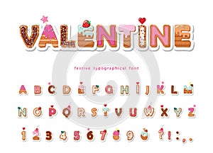 Valentine sweet font. Cute decorative alphabet. Girly cartoon letter and number stickers. Paper cut out. Vector.