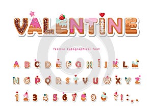 Valentine sweet font. Cute decorative alphabet. Girly cartoon letter and number stickers. Paper cut out. Vector. photo