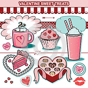 Valentine sweet treats illustration collection chocolates cupcake candy hearts cake