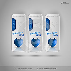 Valentine tabs with polygonal heart. Vector design elements.