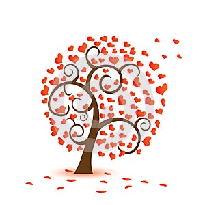 Valentine tree, love, leaf from hearts. Falling