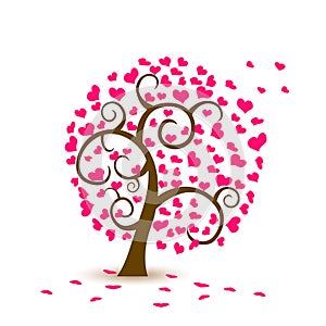 Valentine tree, love, leaf from hearts. Falling