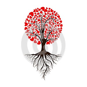 Valentine tree, love, leaf from hearts. Tree with roots. Isolated on white background. Vector Illustration