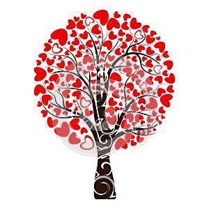 Valentine tree, love, leaf from hearts. Tree with roots. Isolated on white background. Vector Illustration