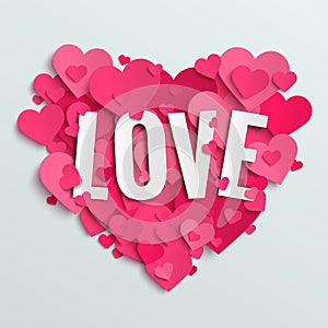 Valentine vector illustration postcard, love text on pink paper hearts