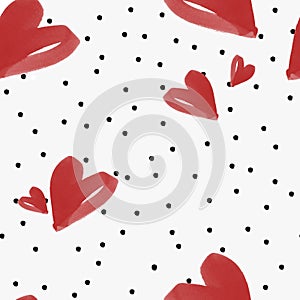 Valentine Watercolor Red Hearts and polka dots Brush strokes Seamless Pattern