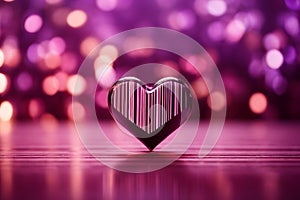 Valentine week Background of images of a barcode heart on a purple and pink bokeh background.