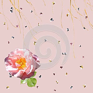 Valentine and woman  day card with gold confetti  elements pink rose flowers and heart symbol wedding pastel color template