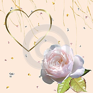 Valentine and woman  day card with gold confetti  elements pink rose flowers and heart symbol wedding pastel color template