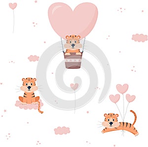 Valentine's day seamless pattern with tigers, hearts, hot air balloon, clouds and stars. Vector flat illustration.