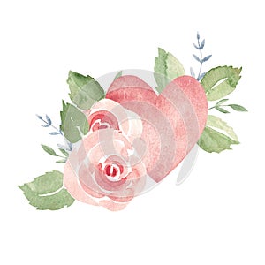 Valentine's Day or Wedding floral Composition featuring a Heart and pink Roses. A minimalistic alla prima Watercolor photo