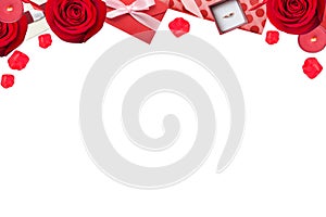 Valentines background with red rose, valentine envelope and petals on the white, flat lay with copy space, top border