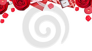 Valentines background with red rose, valentine envelope and petals on the white, flat lay with copy space, top border, banner