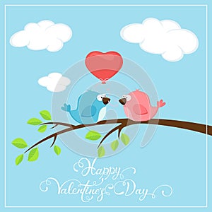 Valentines background with two birds and balloon heart