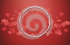 Valentines background. White circle frame with red hearts on red background, center blank space for copy space
