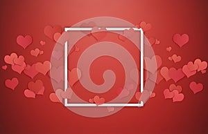 Valentines background. White frame with red hearts on red background, center blank space for copy space