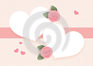 Valentines banner. Vintage background decorated with Couple white paper heart, Pink rose. Frame border for Valentine`s day.