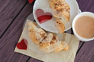 Valentines breakfast with croissants and cocoa