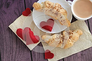 Valentines breakfast with croissants and cocoa