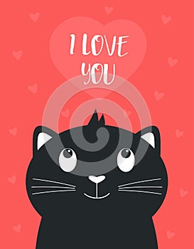 Valentines card with cute black cat and heart