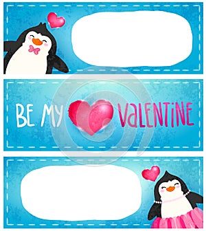Valentines card with cute cartoon penguine
