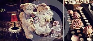 Valentines card with cute teddy bear couple and old typewriter keyboard in vintage style