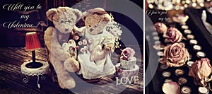 Valentines card with cute teddy bear couple and old typewriter keyboard in vintage style with inscriptions