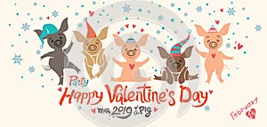 Valentines card with five cute cartoon pigs.