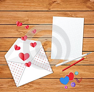 Valentines card with opened envelope and empty blank