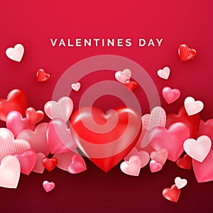 Valentines card with red shiny hearts. Bright Valentine`s day background. Vector