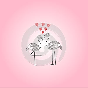 Valentines card with two loving flamingo and hearts