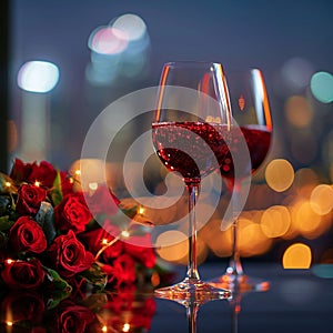 Valentines charm red wine, roses, city lights on a table