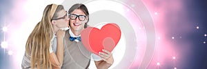 Valentines couple holding heart and love hearts background