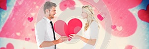 Valentines couple holding heart and love hearts background