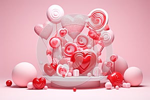 Valentines dat 3d render style of minimal pink studio background with many hearts, candycore aesthetics photo